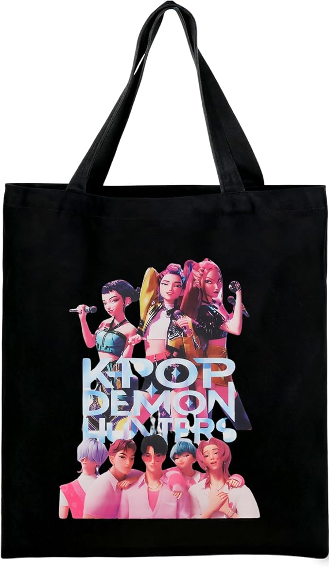Women's Kpop Demon Hunters Tote Bag, 35x40cm Fabric Bag with Hun-trix Design, Cotton Canvas Bag