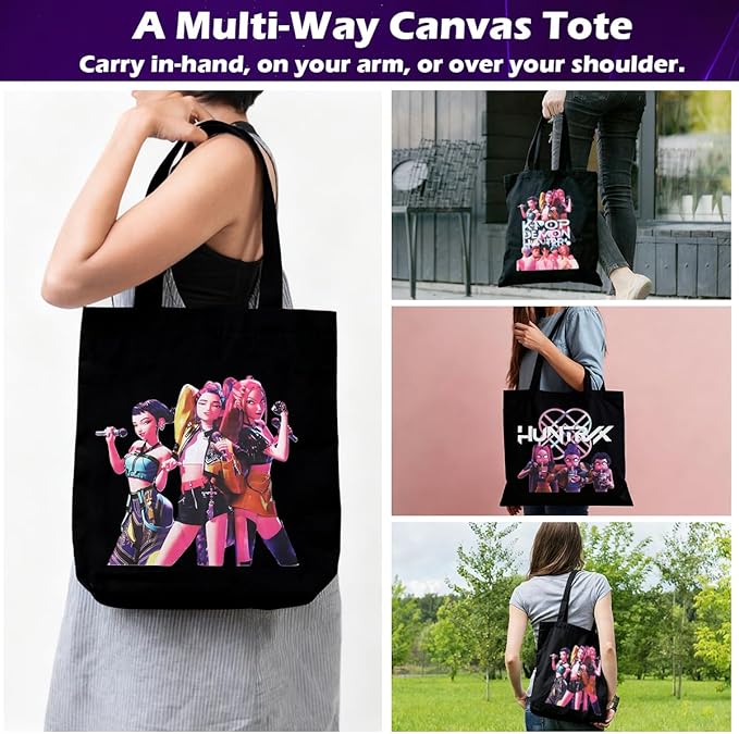 Women's Kpop Demon Hunters Tote Bag, 35x40cm Fabric Bag with Hun-trix Design, Cotton Canvas Bag