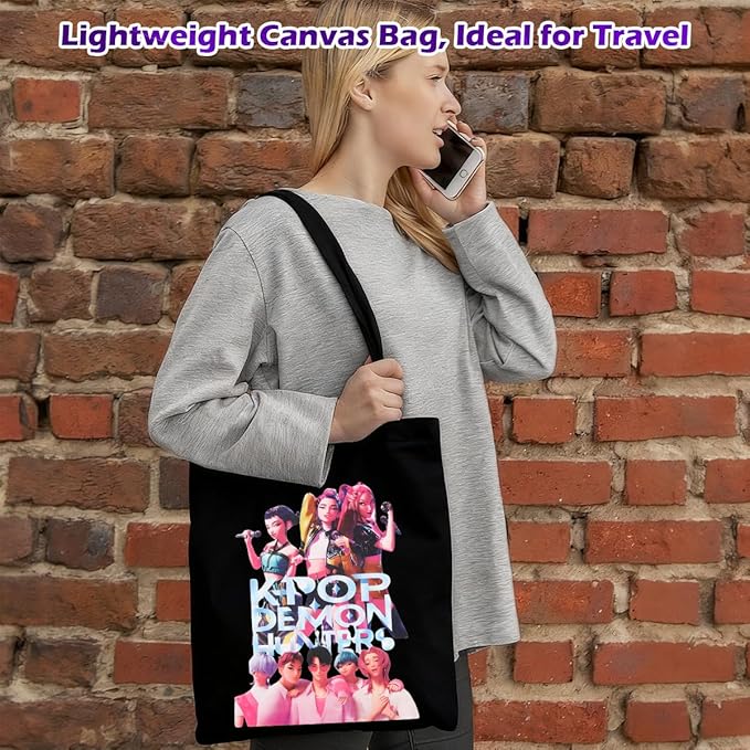 Women's Kpop Demon Hunters Tote Bag, 35x40cm Fabric Bag with Hun-trix Design, Cotton Canvas Bag