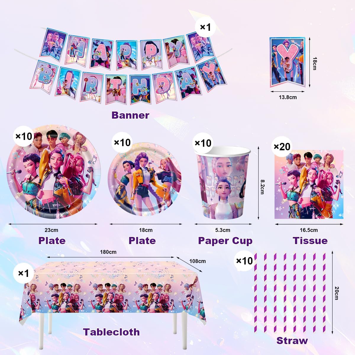 62 Pcs Hun-ters Birthday Tableware Kit, De-mon Hun-trix Birthday Decorations, Party Supplies - Plates Cups Napkins Tablecloths Banners for Kids Fans (Pink)