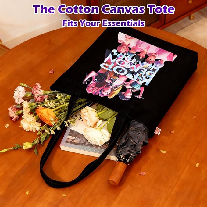 Women's Kpop Demon Hunters Tote Bag, 35x40cm Fabric Bag with Hun-trix Design, Cotton Canvas Bag