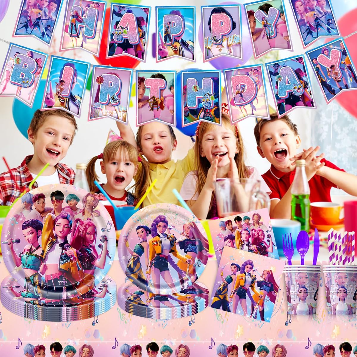 62 Pcs Hun-ters Birthday Tableware Kit, De-mon Hun-trix Birthday Decorations, Party Supplies - Plates Cups Napkins Tablecloths Banners for Kids Fans (Pink)