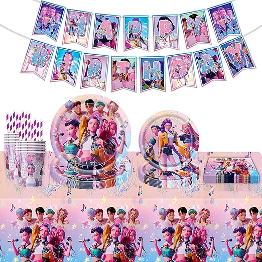 62 Pcs Hun-ters Birthday Tableware Kit, De-mon Hun-trix Birthday Decorations, Party Supplies - Plates Cups Napkins Tablecloths Banners for Kids Fans (Pink)