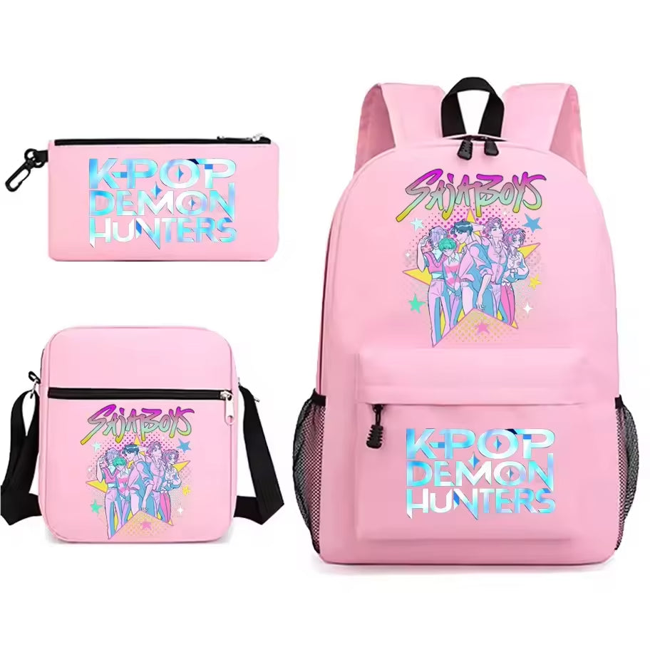 KPop Demon Hunters Anti-Theft Waterproof 14-Inch Student Backpack Modern Zipper Pencil Case Three-Piece Set
