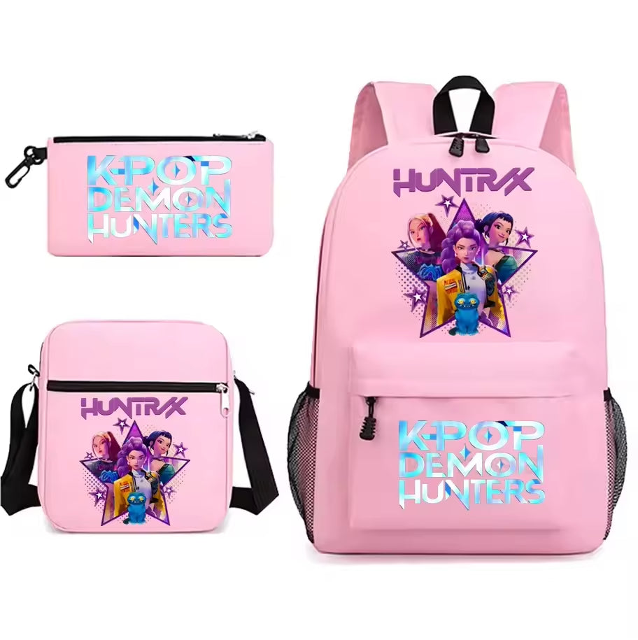 KPop Demon Hunters Anti-Theft Waterproof 14-Inch Student Backpack Modern Zipper Pencil Case Three-Piece Set