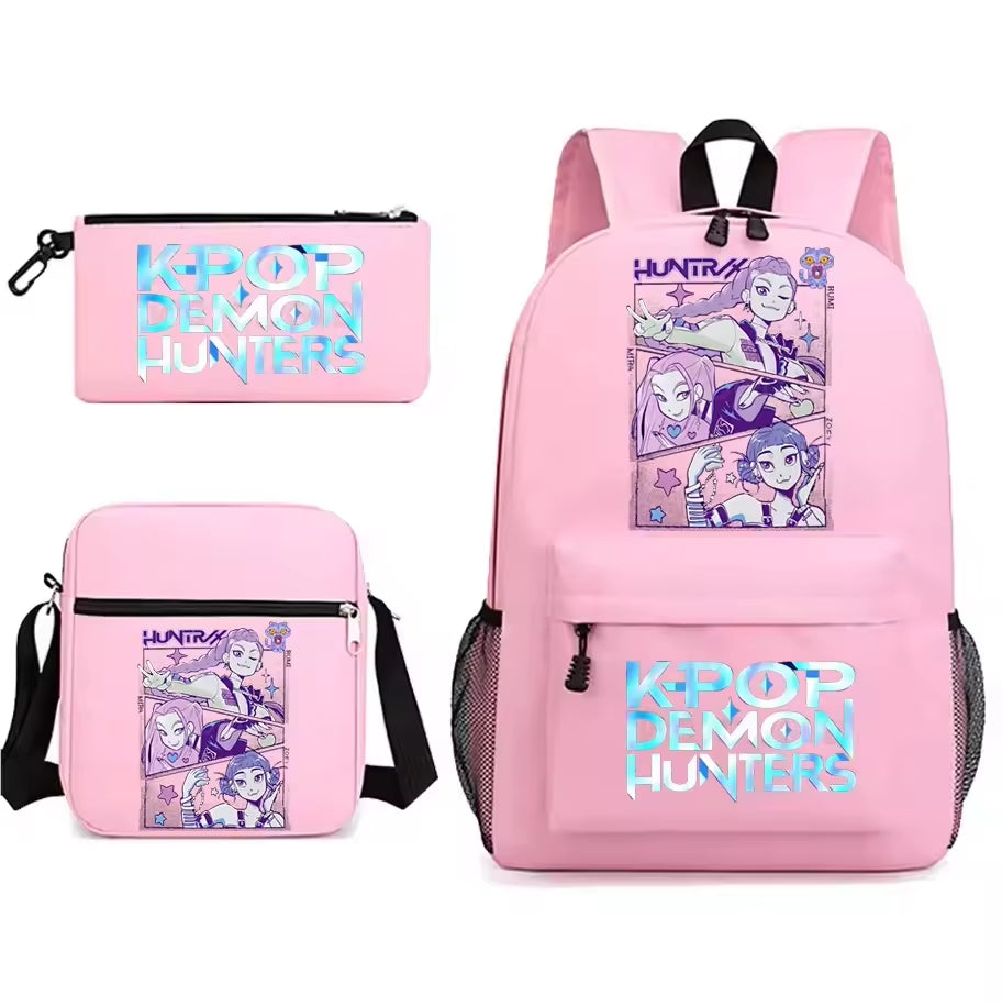 KPop Demon Hunters Anti-Theft Waterproof 14-Inch Student Backpack Modern Zipper Pencil Case Three-Piece Set