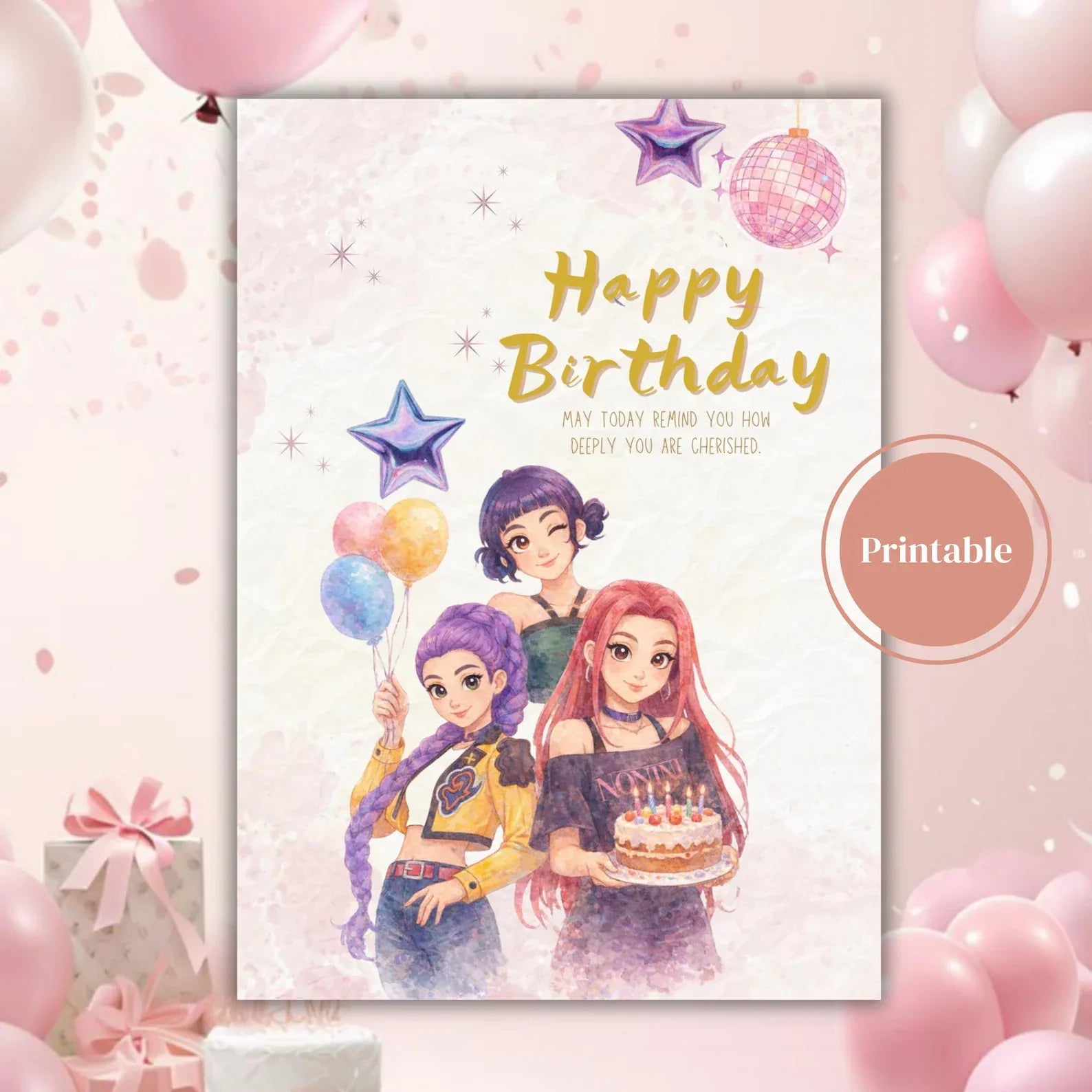 Printable K-Pop Demon Hunters Birthday Card | Happy Birthday Kpop Huntrix | Birthday Card for Kids |