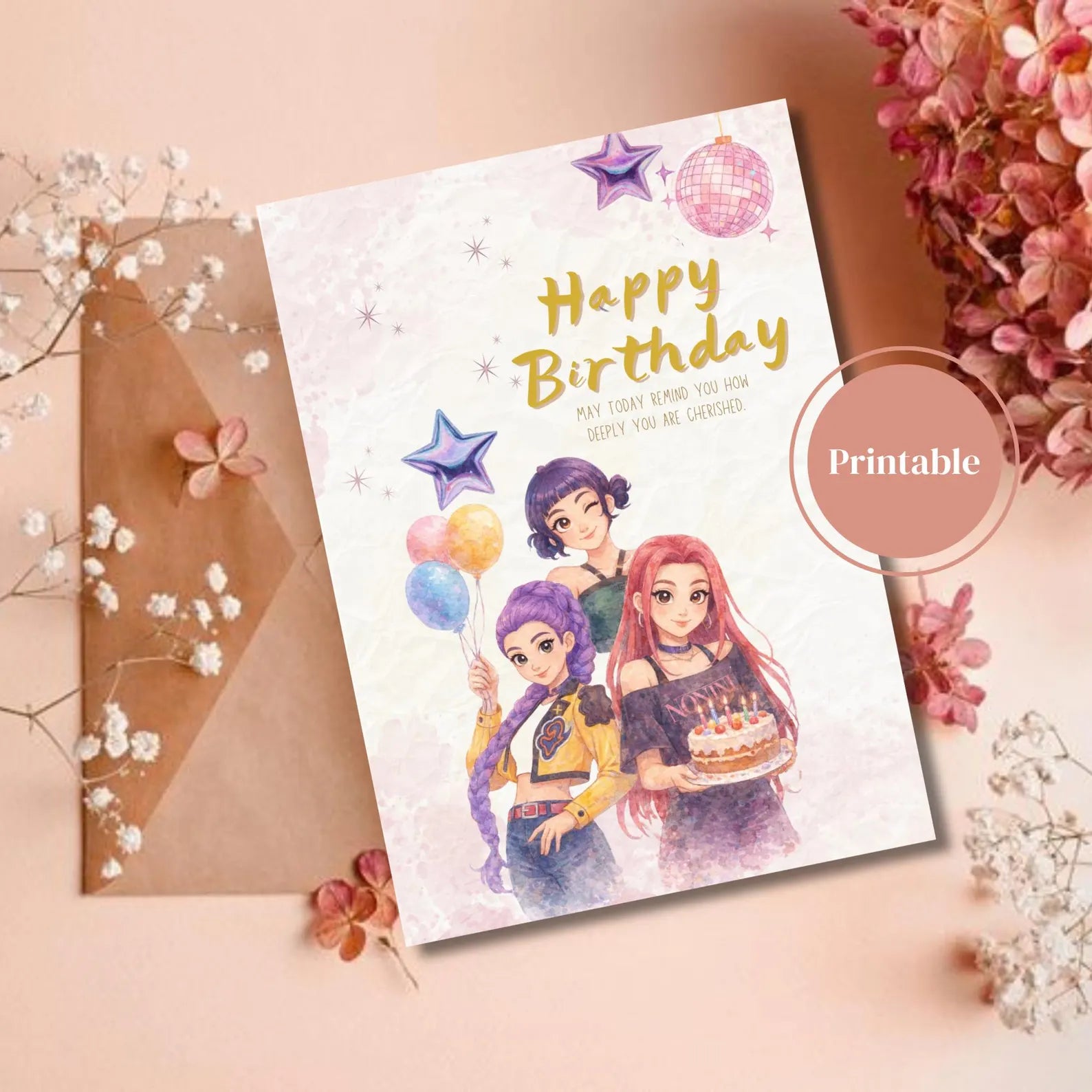 Printable K-Pop Demon Hunters Birthday Card | Happy Birthday Kpop Huntrix | Birthday Card for Kids |